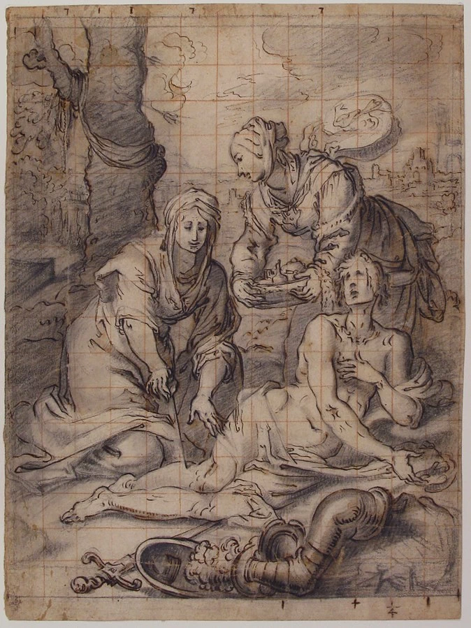 Due donne ungono le ferite di San Sebastiano